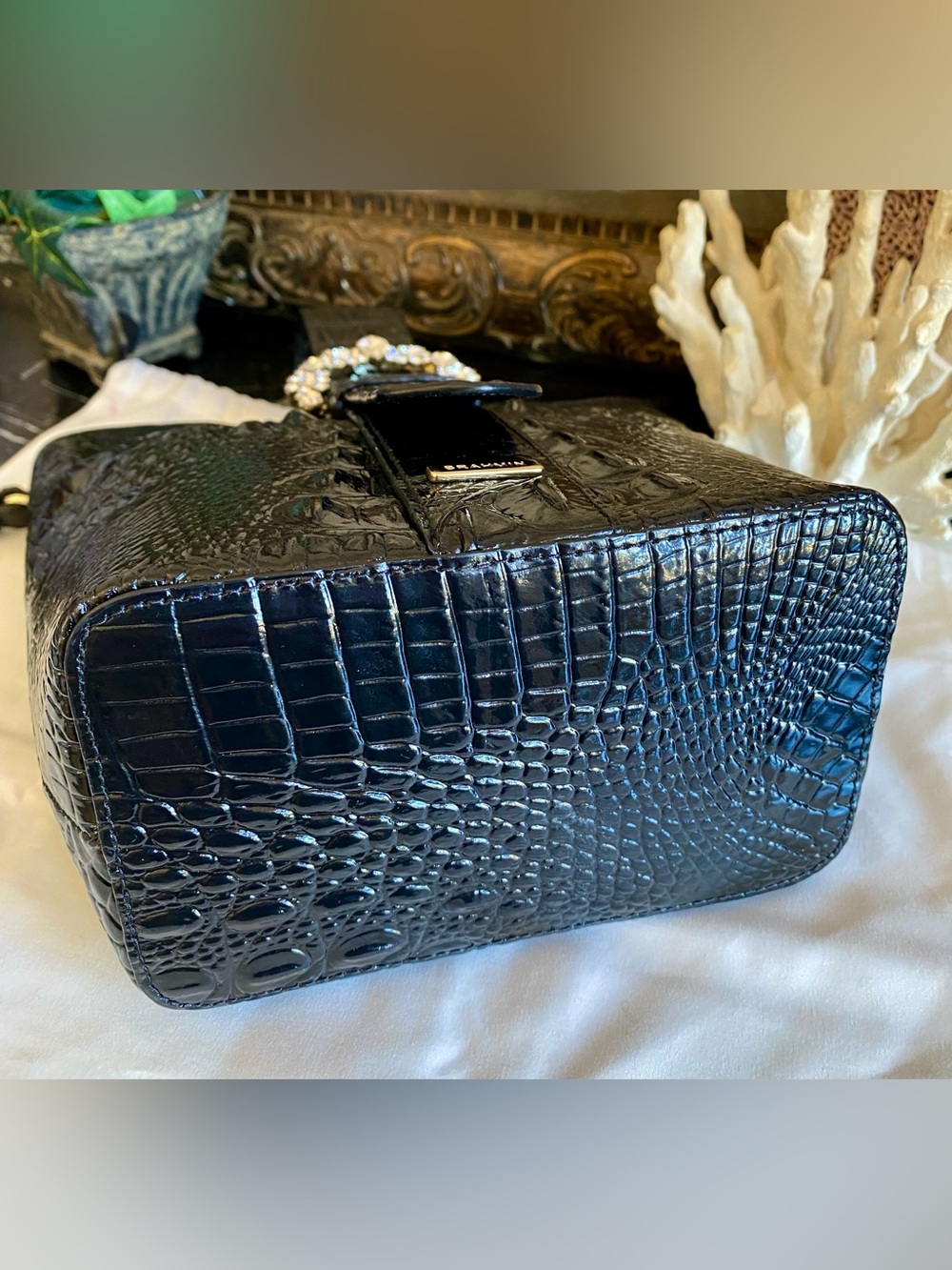 BRAHMIN BLACK LUXE FAITH HANDBAG ~SWAROVSKI CRYSTALS (($365)) Luxury Black Croc - Picture 9 of 14